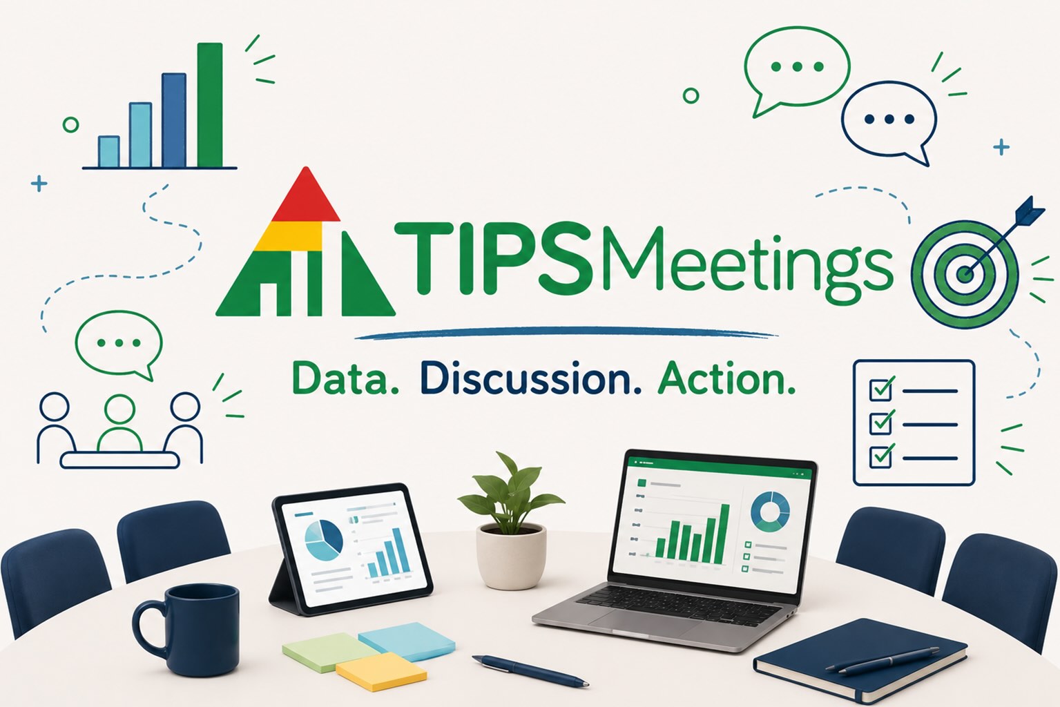 Illustrated workspace with TIPS Meetings, notebooks, and decision-making icons.
