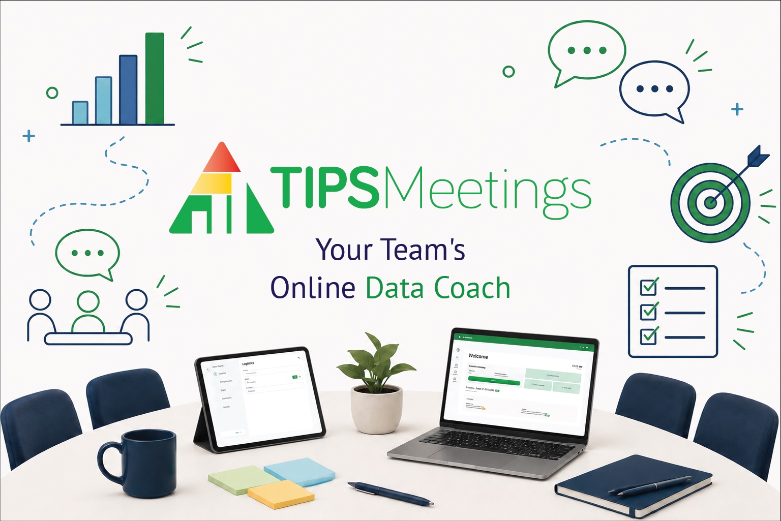 Illustrated workspace with TIPS Meetings, notebooks, and decision-making icons.