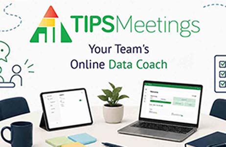 Illustrated workspace with TIPS Meetings, notebooks, and decision-making icons.