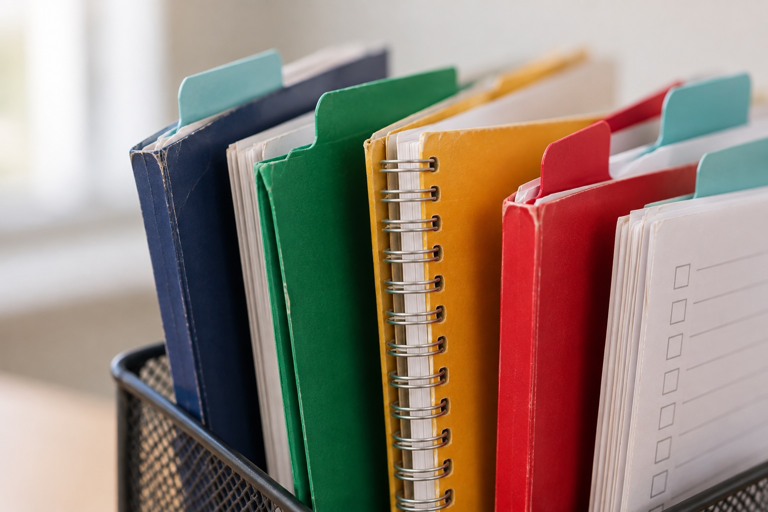 Calendars and planners lined up in a basket on a desk