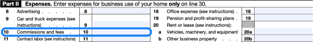 Part of Part II of a blank Schedule C, with box 10 circled in blue