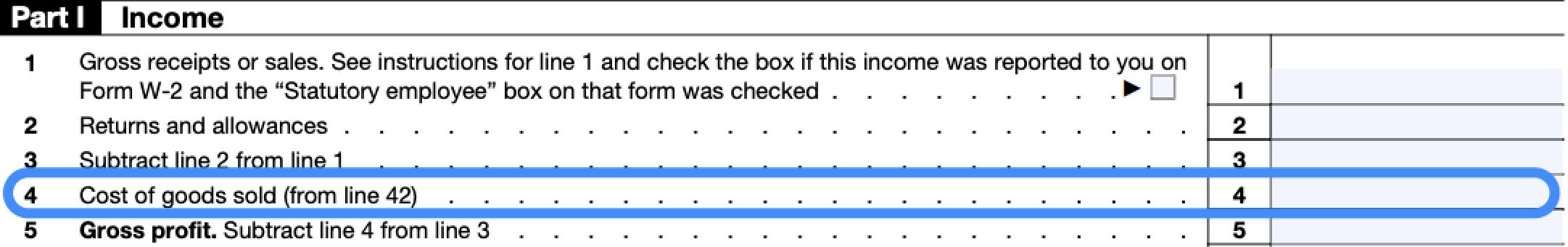 Part of Part I of a blank Schedule C, with box 4 circled in blue