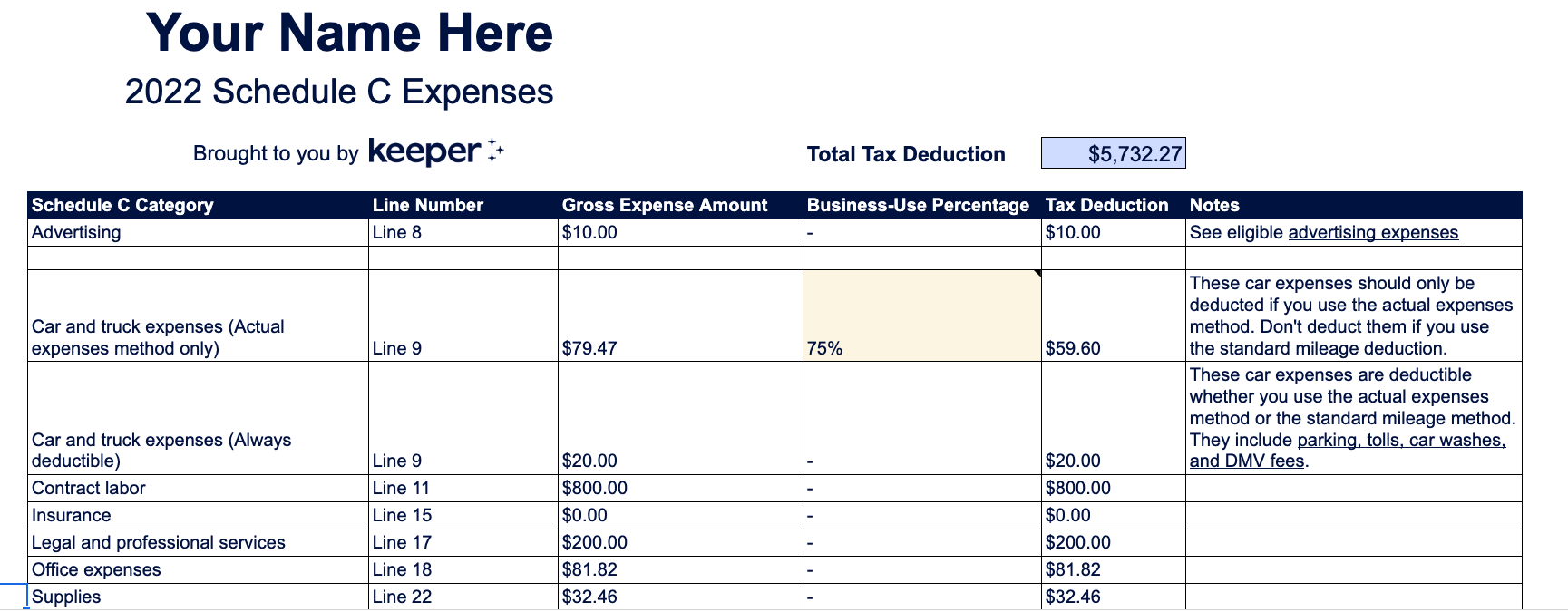 Screenshot of a customizable 1099 expense spreadsheet template, by Keeper