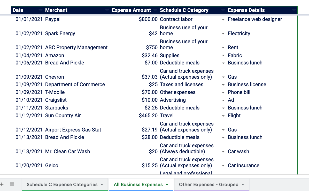 Screenshot of a tab on a 1099 expenses spreadsheet, showing all of someone's business expenses