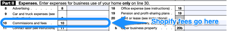 Part of a blank Schedule C with box 10 circled in blue. Shopify fees go there