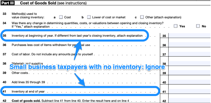 Part of a blank Schedule C with boxes 35 and 41 circled. Small business taxpayers can ignore these