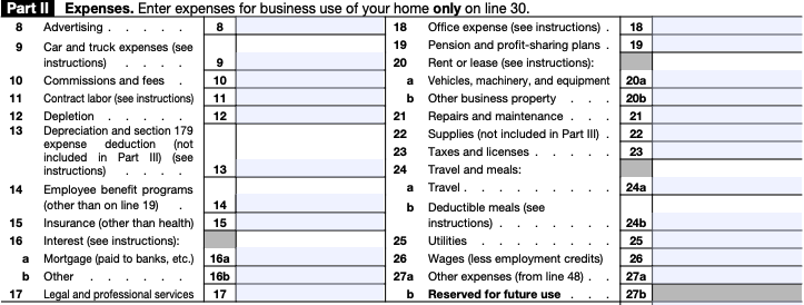 Screenshot of Part II of a blank Schedule C, showing business write-off categories