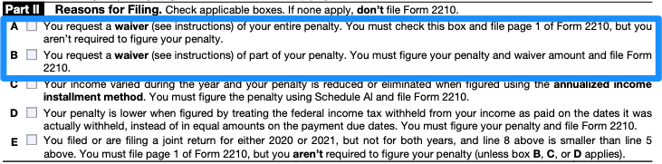Part II of a blank Form 2210, with boxes A and B circled in blue