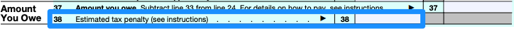 Part of a blank Form 1040, with line 38 — for estimated tax penalty — circled in blue