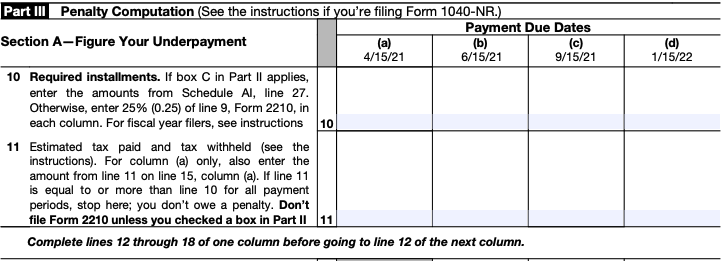 The first part of Part III on a blank Form 2210, for calculating tax penalty