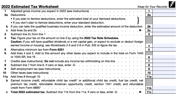 Part of a blank 2022 estimated tax worksheet, from Form 1040-ES