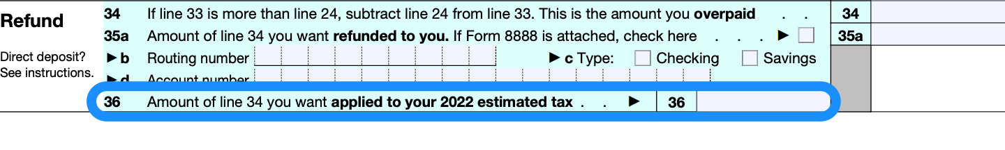 Refund section of a blank Form 1040, with line 36 — the amount you want applied to next year's quarterly taxes — circled in blue