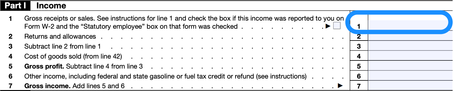 Part I of a blank Schedule C form, with box 1, for gross receipts, circled in blue