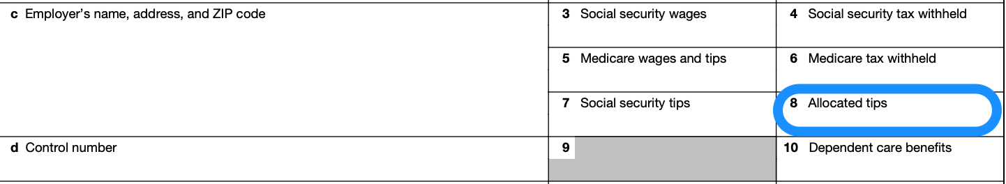 Part of a blank W-2 form, with box 8, for allocated tips, circled in blue
