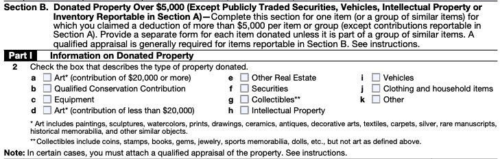 Section B of Form 8283, for information on donated property