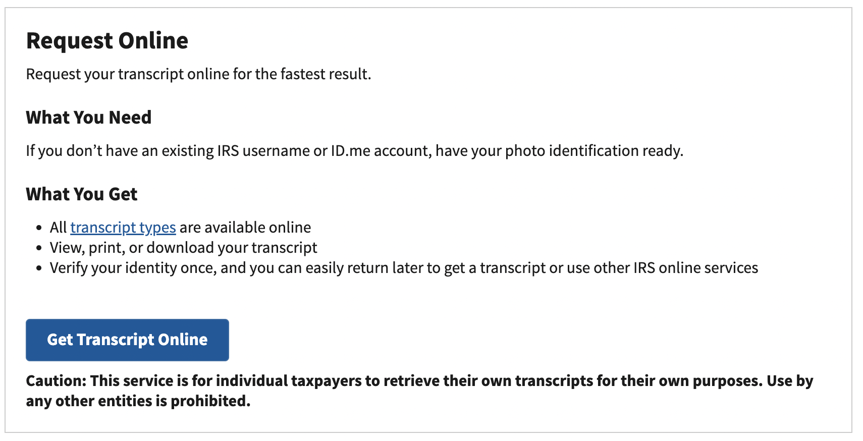 Screenshot of the IRS portal used to request your tax transcripts for free