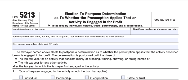 Top part of a blank Form 5213, used to make the IRS postpone classifying your business as a hobby