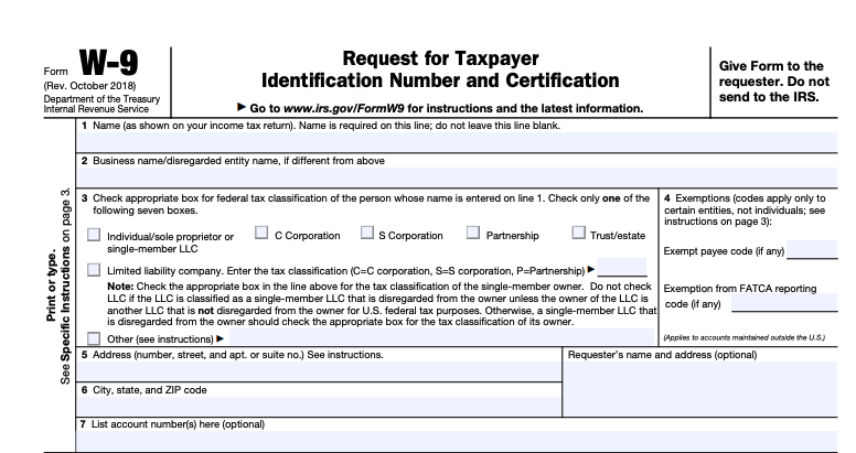 The top part of a blank W-9, used to give a payer info needed to issue a 1099