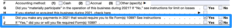 Schedule C with lines I and J circled in blue. "Yes" is checked for I, "No" for J