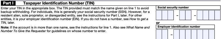 Part I of a blank W-9 asking for a payee's Taxpayer Identification Number