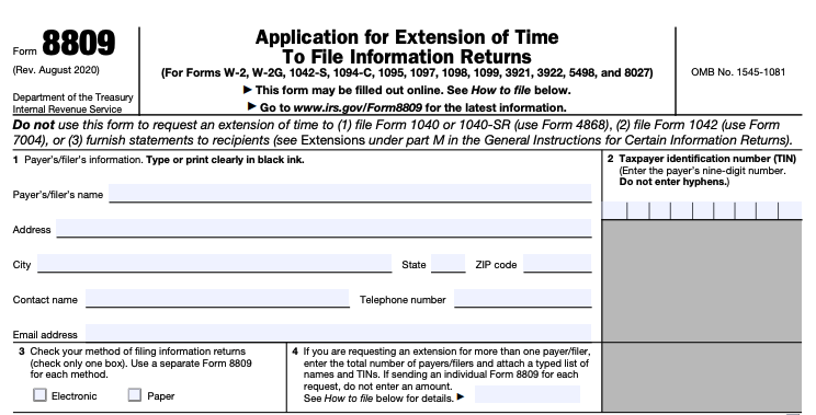 The top part of a blank Form 8809