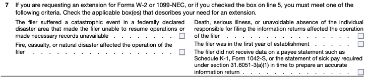 Box 7 of a blank Form 8809, with blank checkboxes for possible reasons for an extension