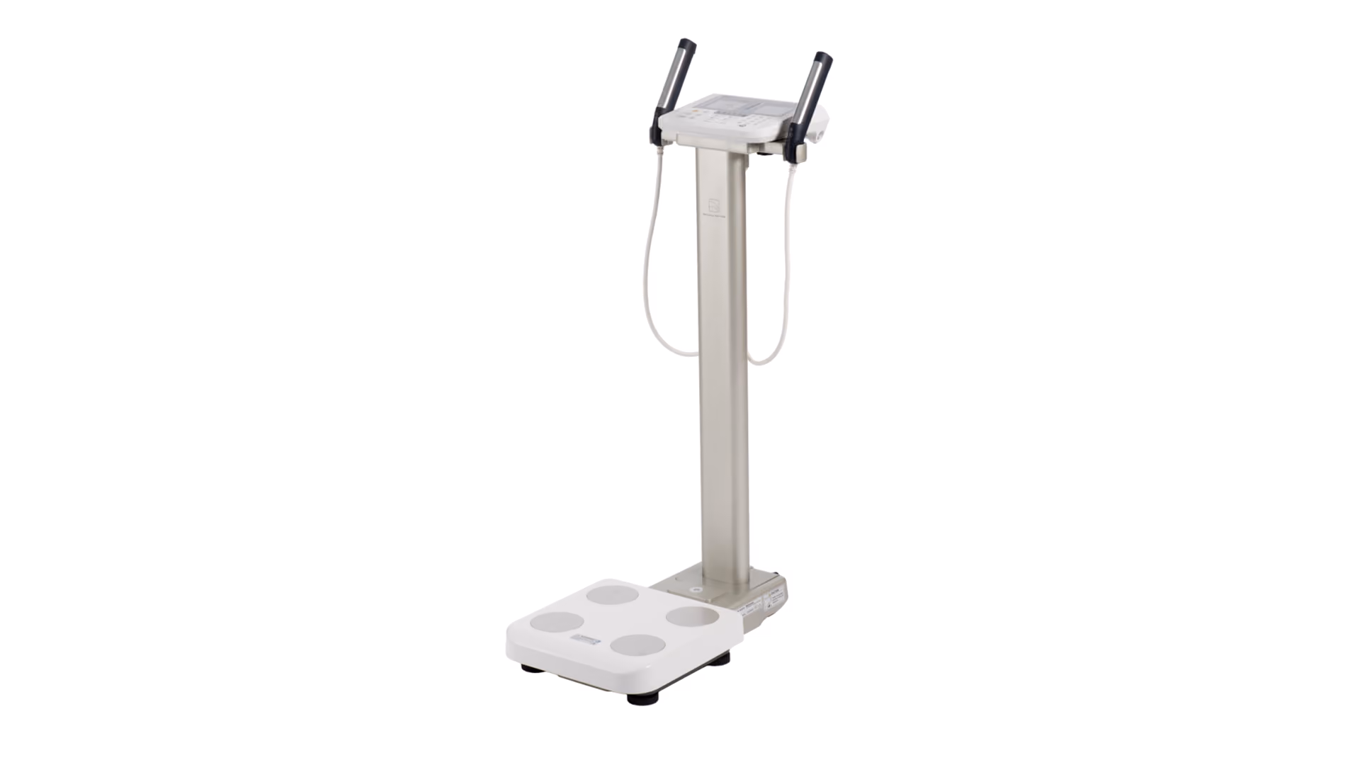 Medical body composition analyzer with hand grips, digital screen, and foot pedals on white background.