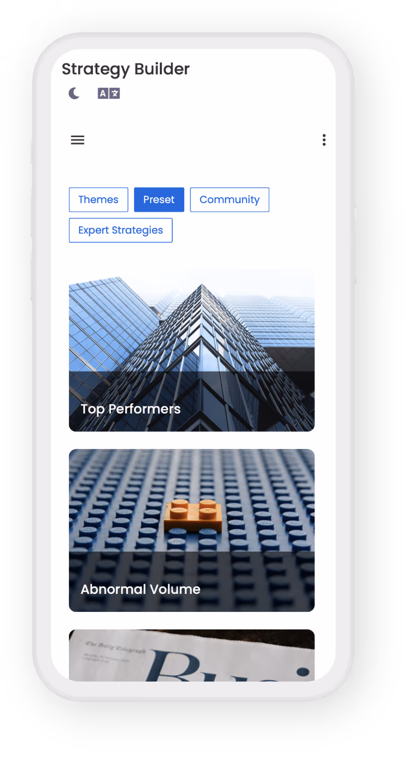Mobile interface of Strategy Builder app showing tabs Themes, Preset, Community, Expert Strategies, and images labeled Top Performers and Abnormal Volume.