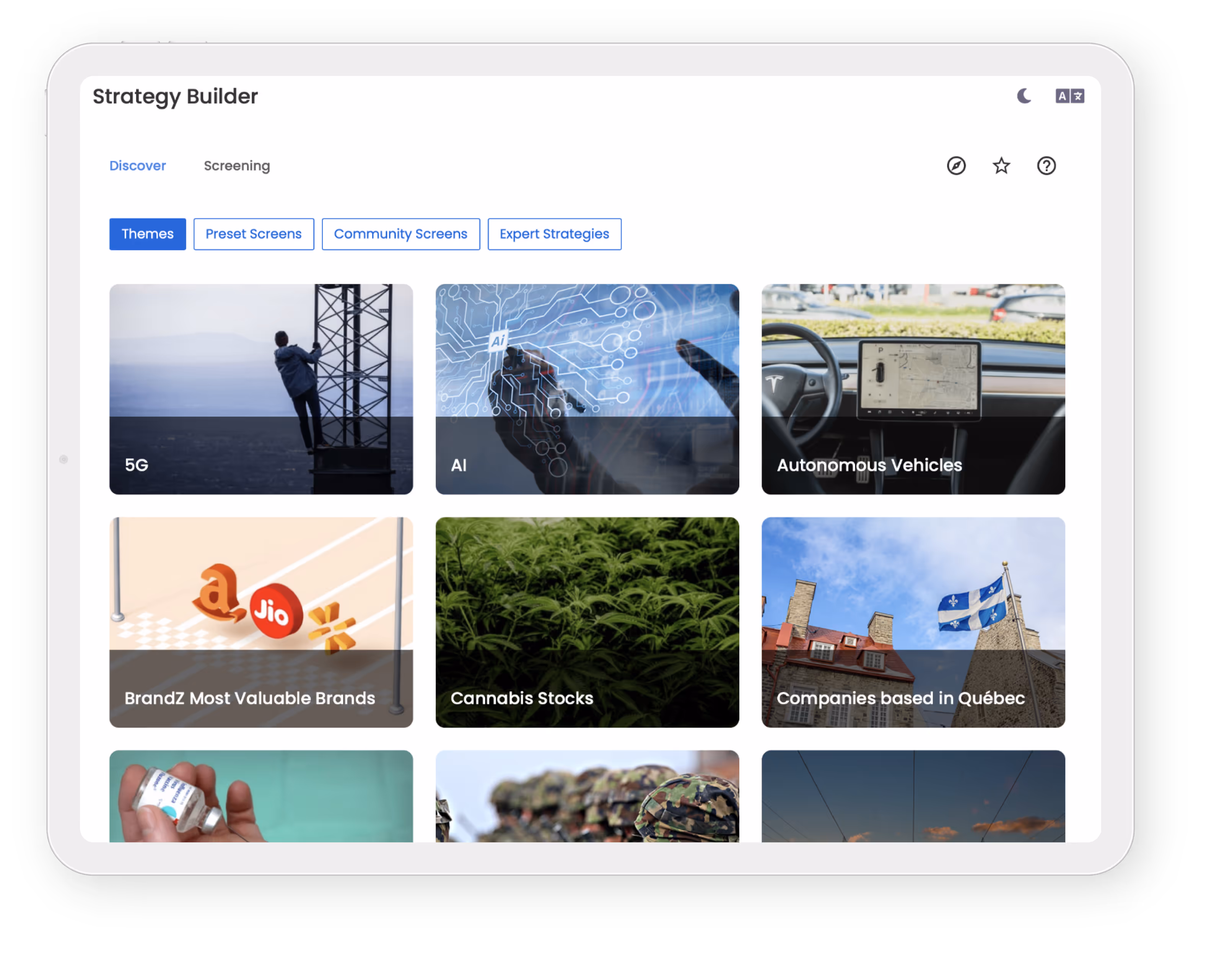 Tablet screen showing Strategy Builder interface with theme options including 5G, AI, Autonomous Vehicles, BrandZ Most Valuable Brands, Cannabis Stocks, and Companies based in Québec.
