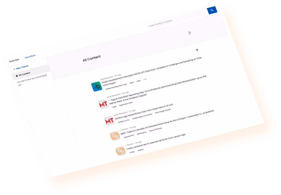 TC Newsdesk interface showing a list of news articles with icons, titles, sources with a search bar at the top.