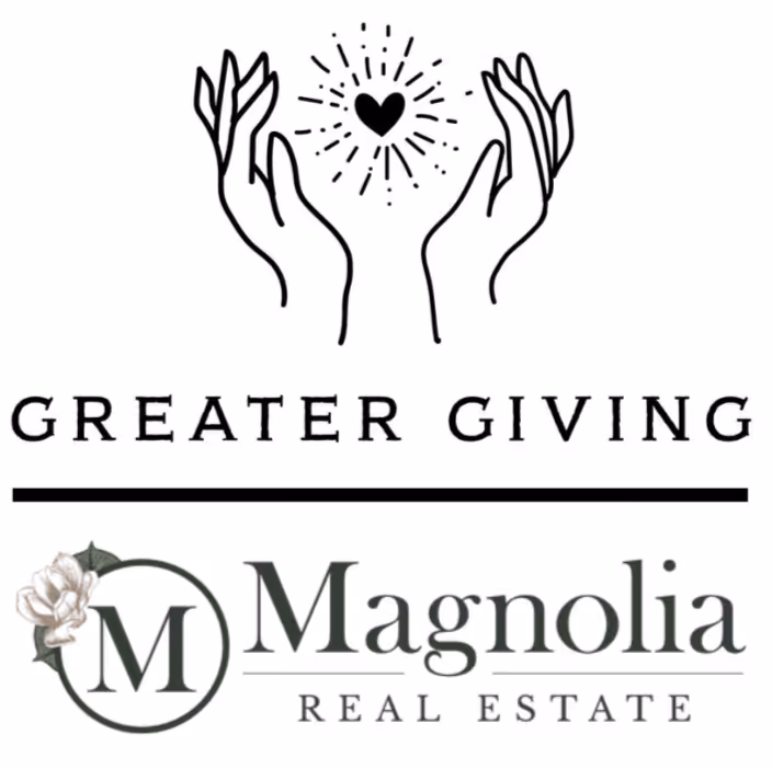 Logo with two hands holding a heart with rays above 'Greater Giving' text and 'Magnolia Real Estate' text with a floral design around the letter M.