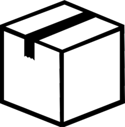 Black and white line drawing of a sealed cardboard box with tape.
