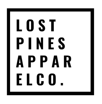 Bold black text reading 'LOST PINES APPAREL CO.' arranged in a square with a thick black border.