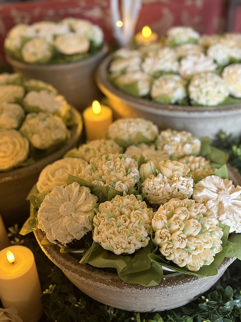 Close up of Wedding Cupcake Garden Pots