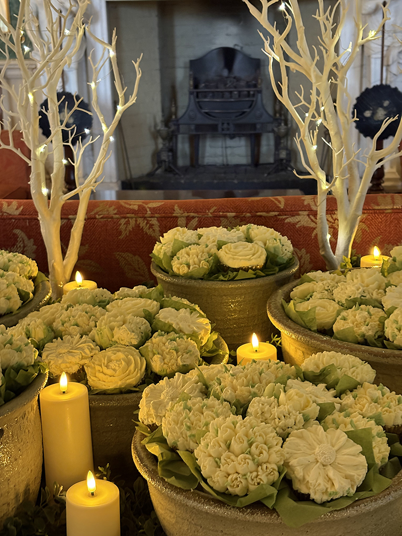 Wedding Cupcake Garden Pots with trees and candles. 