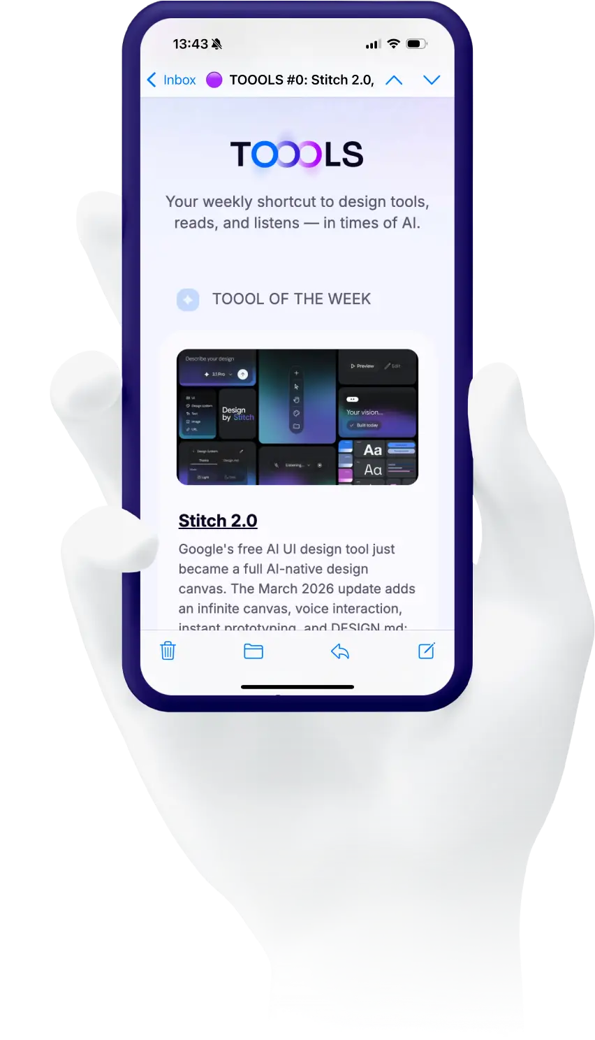 A hand holding a smartphone showing the TOOOLS newsletter