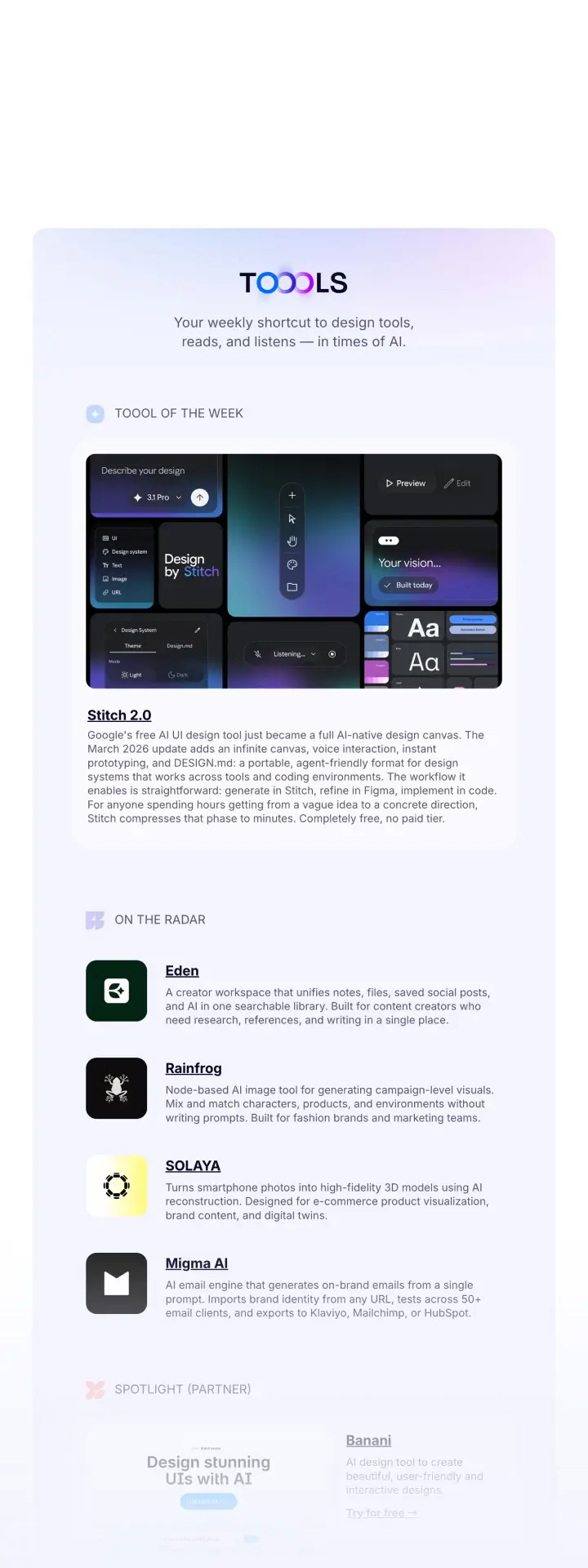 Desktop view of the first half of the TOOOLS newsletter