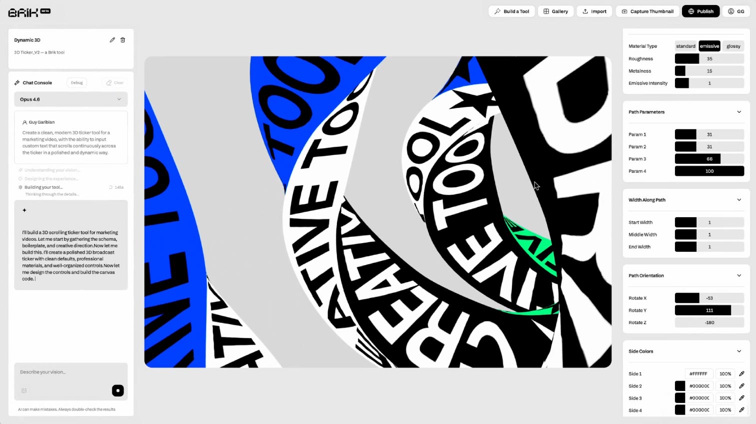 Brik interface showing AI-generated design tools for motion, 3D, and text effects