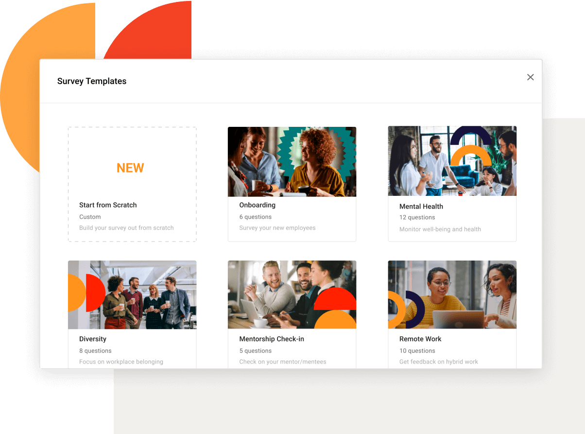 Together Software survey-template interface with onboarding, mental health, diversity, mentorship check-in, and remote work templates