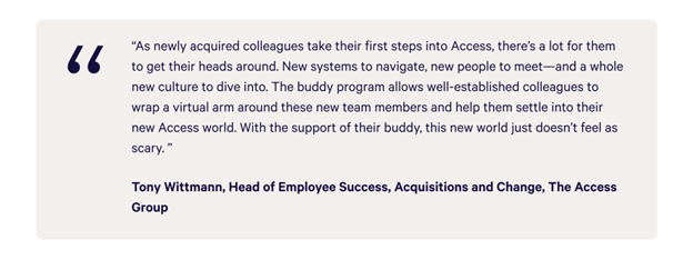 A screenshot of a quote from Tony Wittmann, Head of Employee Success at The Access Group, describing the benefits of the buddy system.
