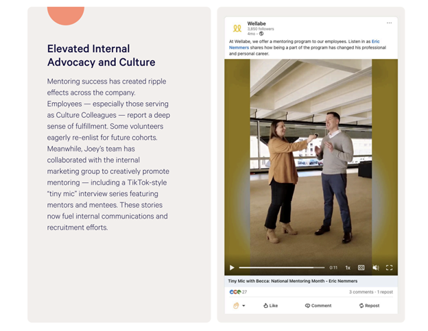 A still shot from a video that was shared on LinkedIn where one Wellabe employee is interviewing another about their mentorship experience.