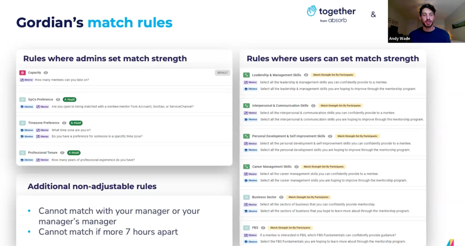 Screenshot from a webinar where Andy Wade from Gordian walked through his mentorship program's match rules