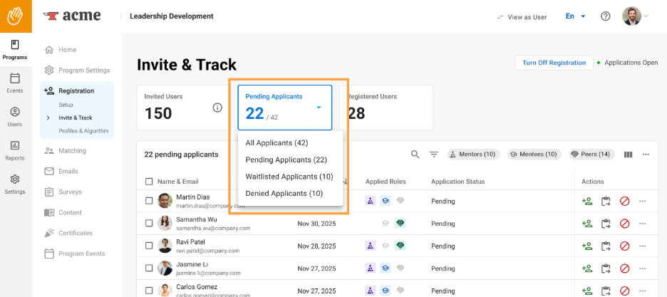 Screenshot of the registration application feature in the Together platform