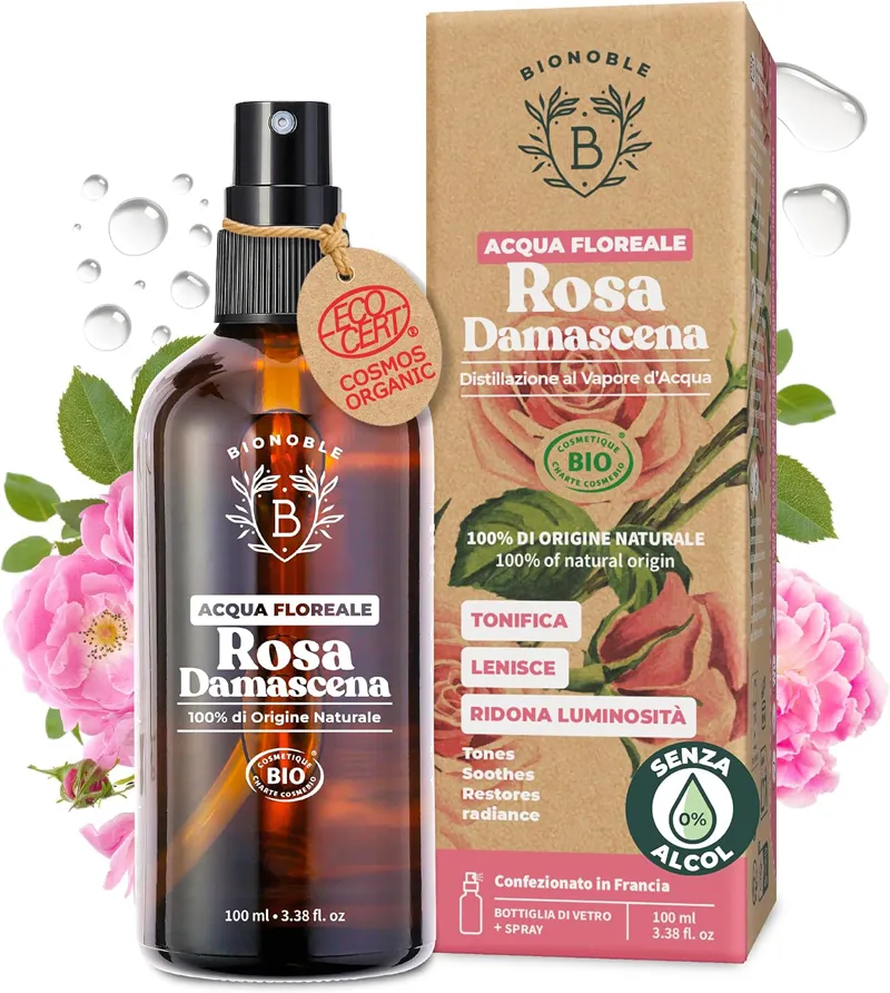 Spray Bionoble Acqua Floreale di Rosa Damascena, idrolato bio certificato Ecocert per pelle tonica e luminosa.