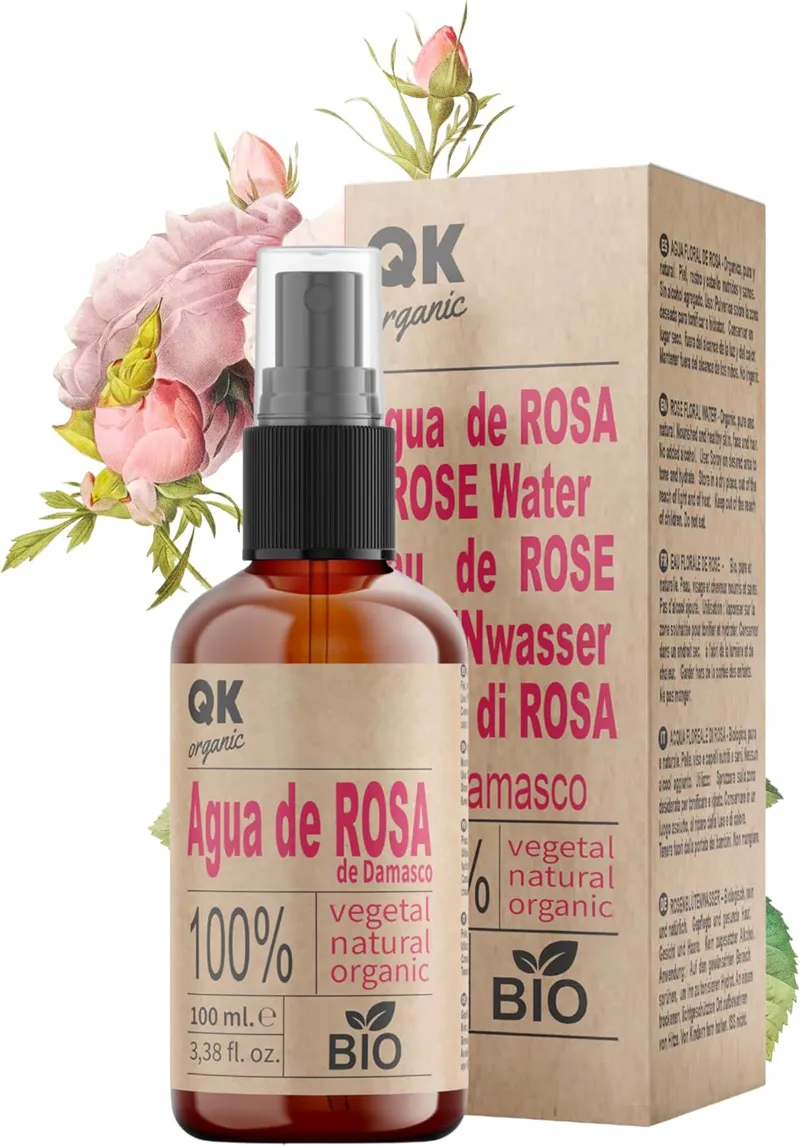 Spray tonico QK Natur Acqua di Rosa Damascena biologica, 100% naturale per viso, corpo e capelli, vegan e organico.