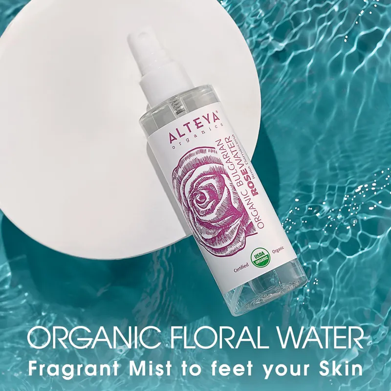 Spray viso Alteya Organic Bulgarian Rose Water, acqua di rose biologica 100% USDA per pelle fresca e luminosa.