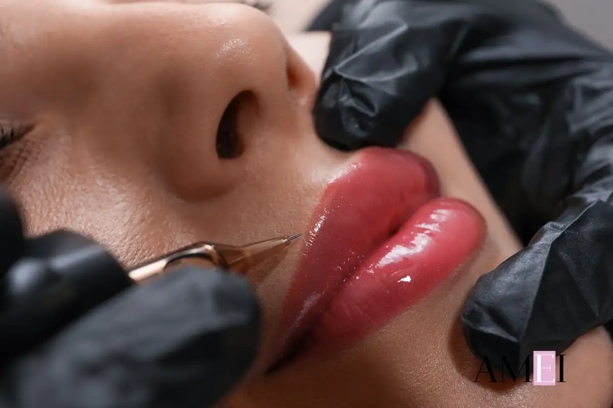 Procedura di trucco semi permanente labbra PMU per un effetto naturale e definito, tendenza beauty su Amei Magazine