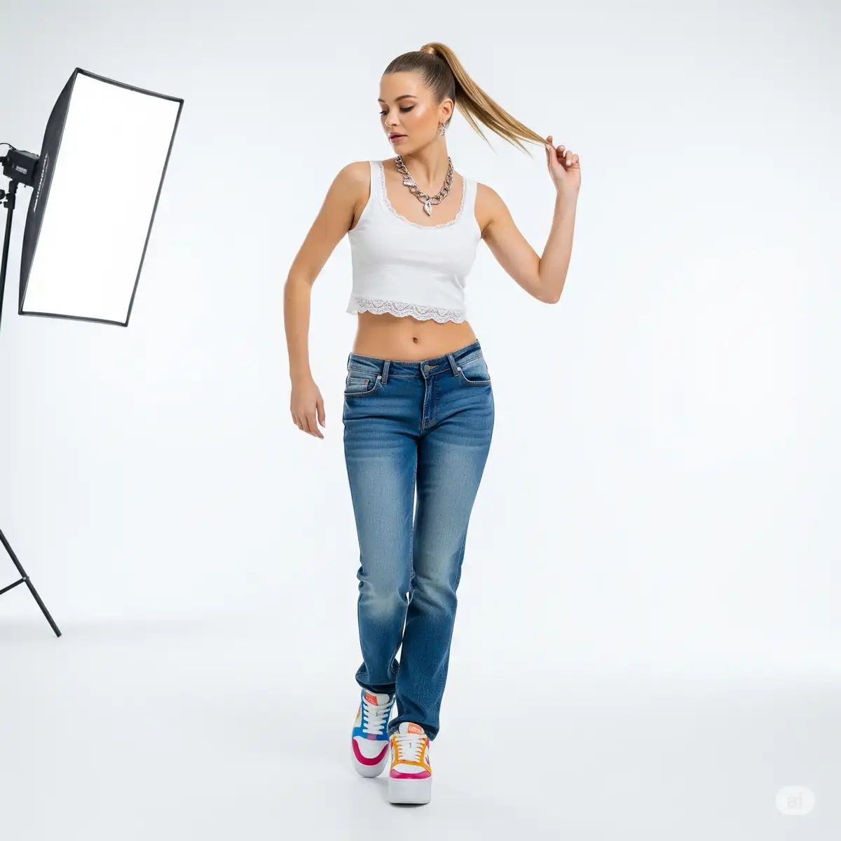 Look Y2K con jeans a vita bassa, crop top bianco e sneakers colorate, tendenza nostalgia anni 2000 tornata per l’estate 2025