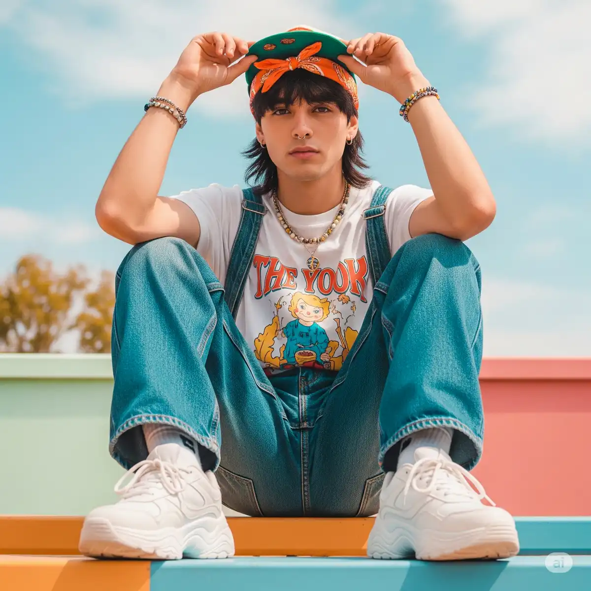 Look Y2K streetwear con salopette in jeans, t-shirt grafica e sneakers chunky, tendenza colorata e casual per il 2025