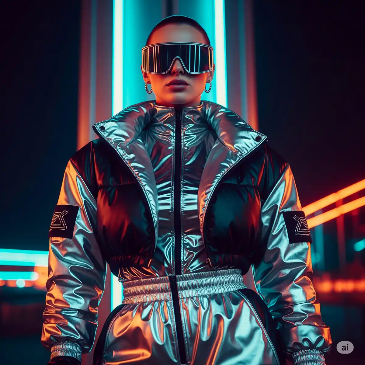 Look futuristico moda 2025 con maxi occhiali shield e outfit metallizzato, trend streetwear e cyber chic